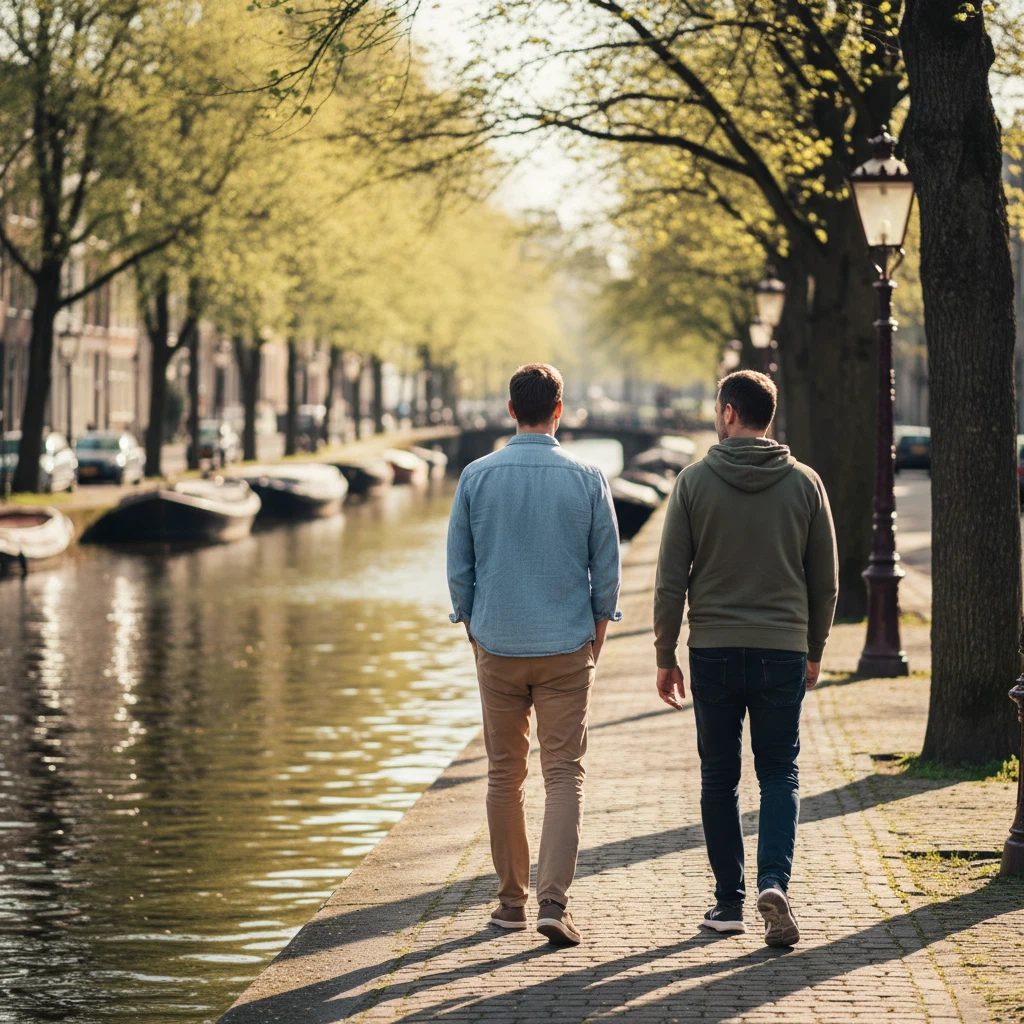 Twee mannen wandelen op een zonnig Nederlands kanaalpad als onderdeel van een actieve leefstijl na het 50e